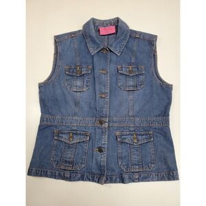 Carols Denims Womens Denim Vest Medium Blue 100% Cotton Button Front Utility